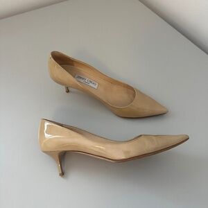 Jimmy Choo Aza Nude Patent Leather Pointed Toe Pumps | Size 38.5